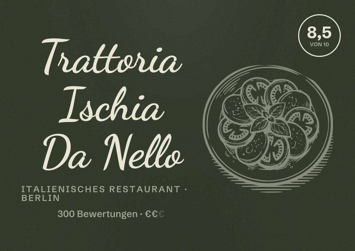 Illustriertes Poster von Trattoria Ischia Da Nello, Italienisches Restaurant in Berlin: Bewertung 8,5 von 10 aus 300 Bewertungen, Preisniveau €€