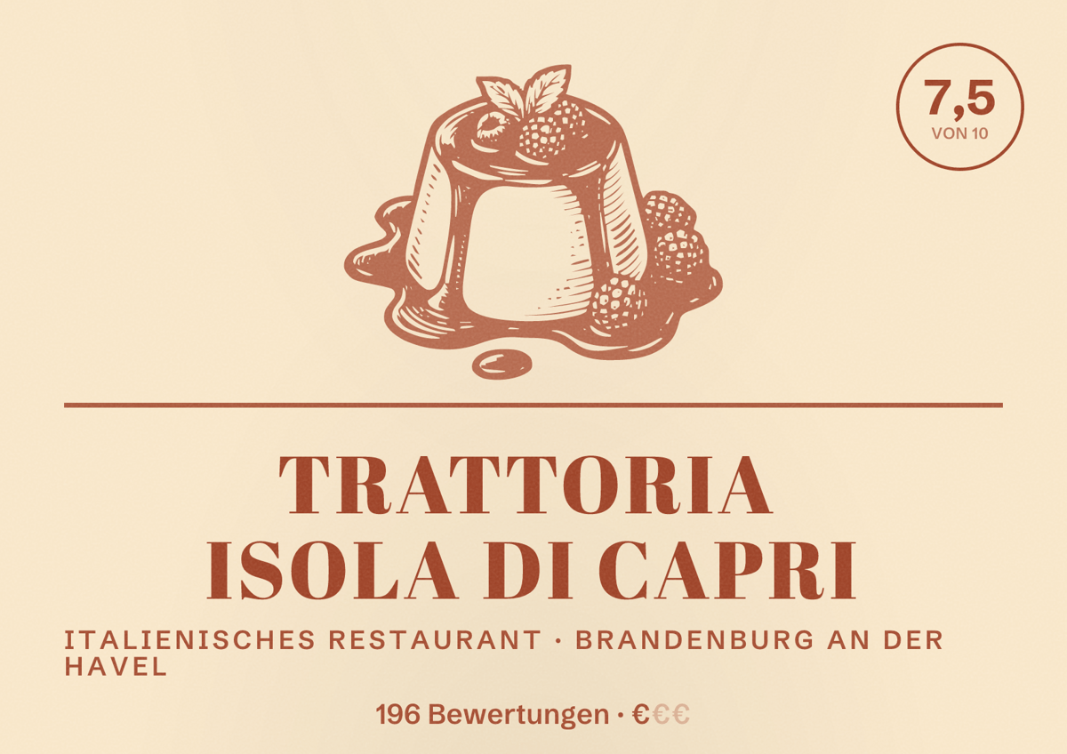 Illustriertes Poster von Trattoria Isola di Capri, Italienisches Restaurant in Brandenburg an der Havel: Bewertung 7,5 von 10 aus 196 Bewertungen, Preisniveau €