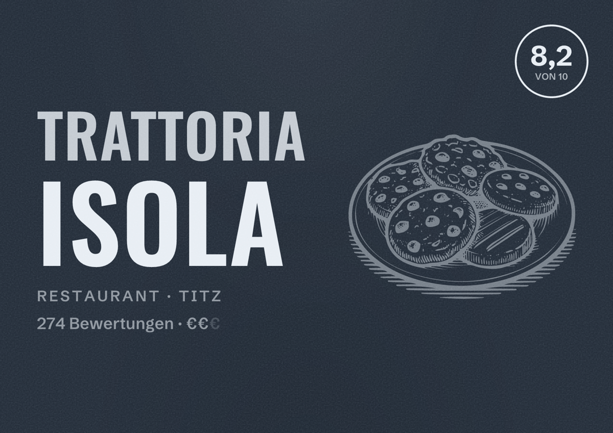 Illustriertes Poster von Trattoria Isola, Restaurant in Titz: Bewertung 8,2 von 10 aus 274 Bewertungen, Preisniveau €€