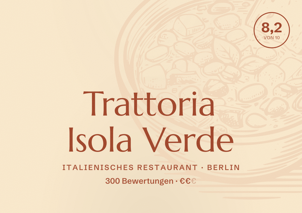 Illustriertes Poster von Trattoria Isola Verde, Italienisches Restaurant in Berlin: Bewertung 8,2 von 10 aus 300 Bewertungen, Preisniveau €€