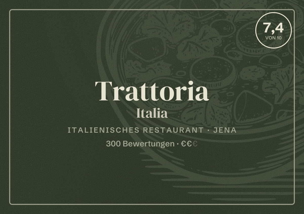 Illustriertes Poster von Trattoria Italia, Italienisches Restaurant in Jena: Bewertung 7,4 von 10 aus 300 Bewertungen, Preisniveau €€