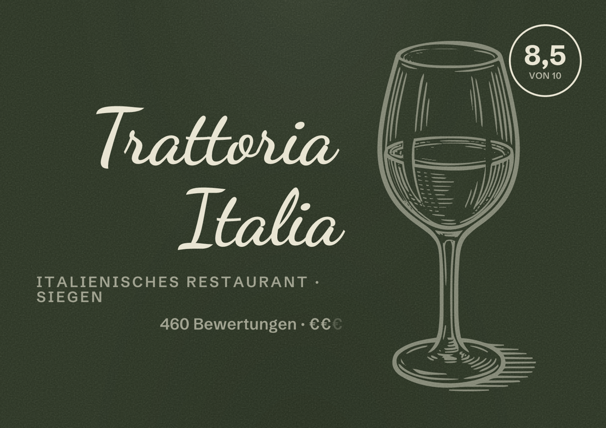 Illustriertes Poster von Trattoria Italia, Italienisches Restaurant in Siegen: Bewertung 8,5 von 10 aus 460 Bewertungen, Preisniveau €€