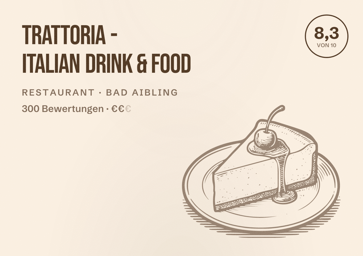 Illustriertes Poster von Trattoria - Italian Drink & Food, Restaurant in Bad Aibling: Bewertung 8,3 von 10 aus 300 Bewertungen, Preisniveau €€