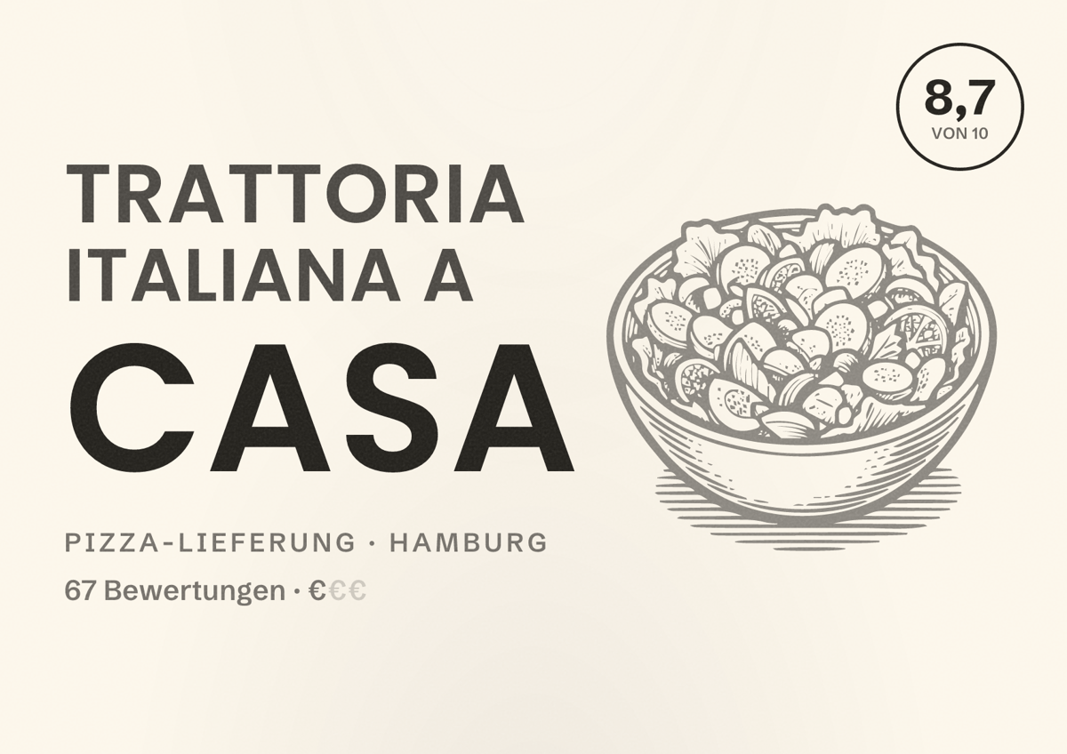 Illustriertes Poster von Trattoria Italiana a Casa, Pizza-Lieferung in Hamburg: Bewertung 8,7 von 10 aus 67 Bewertungen, Preisniveau €