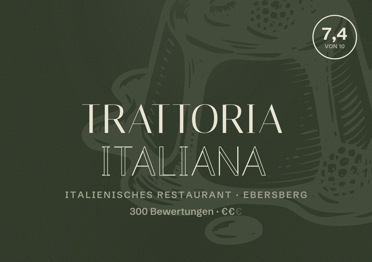 Illustriertes Poster von Trattoria Italiana, Italienisches Restaurant in Ebersberg: Bewertung 7,4 von 10 aus 300 Bewertungen, Preisniveau €€
