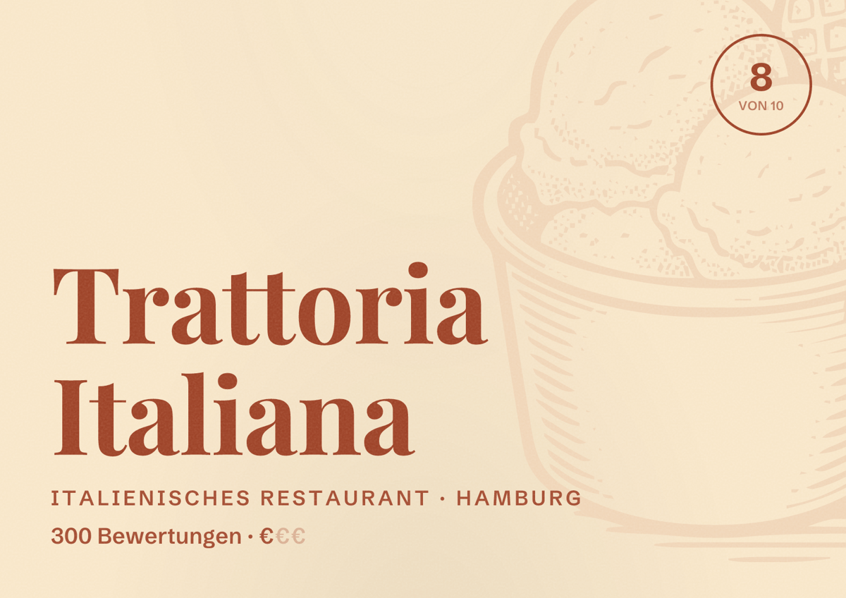 Illustriertes Poster von Trattoria Italiana, Italienisches Restaurant in Hamburg: Bewertung 8,0 von 10 aus 300 Bewertungen, Preisniveau €