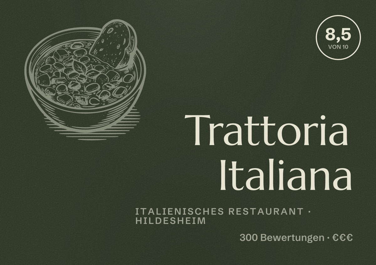 Illustriertes Poster von Trattoria Italiana, Italienisches Restaurant in Hildesheim: Bewertung 8,5 von 10 aus 300 Bewertungen, Preisniveau €€€