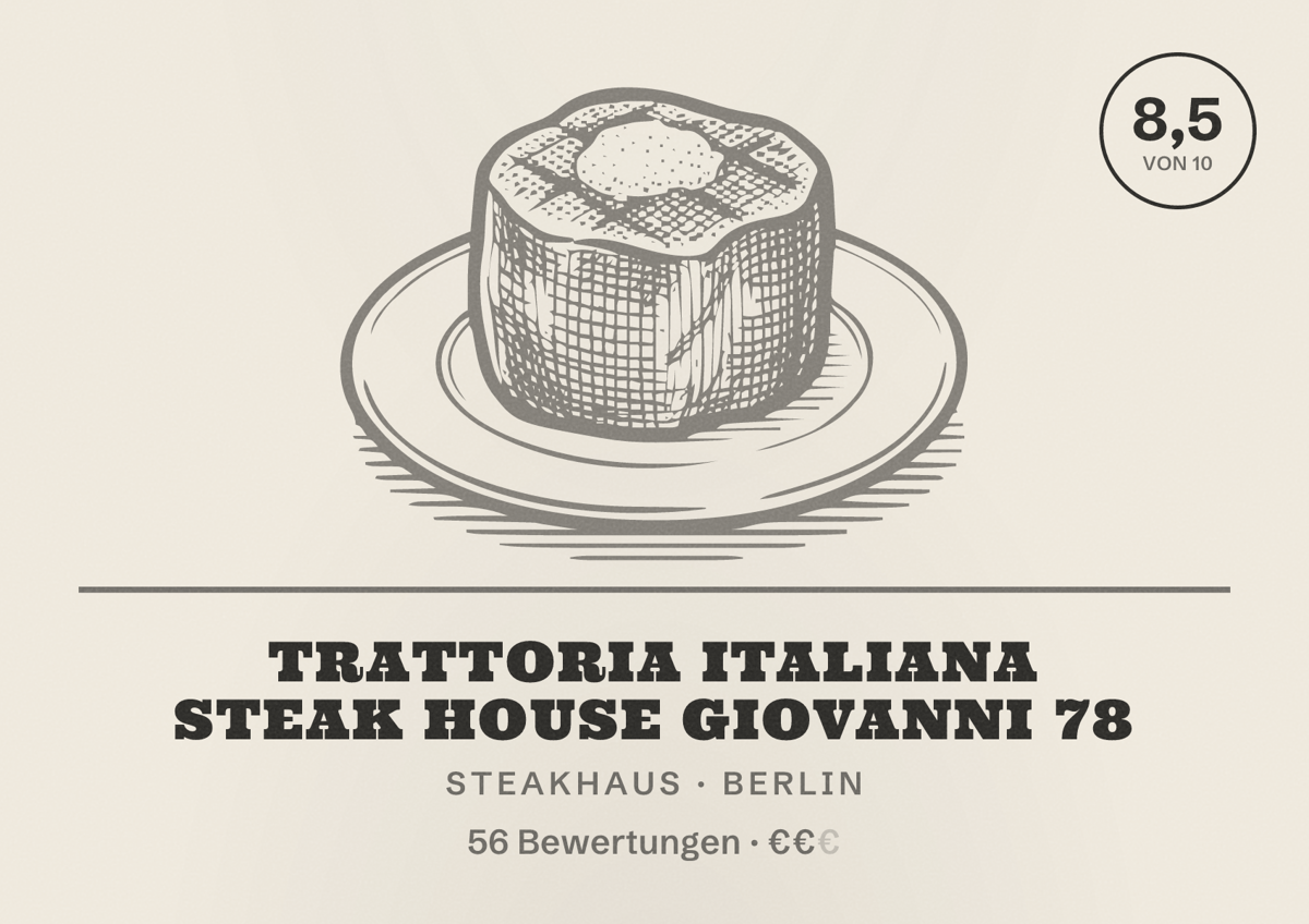 Illustriertes Poster von Trattoria Italiana Steak House Giovanni 78, Steakhaus in Berlin: Bewertung 8,5 von 10 aus 56 Bewertungen, Preisniveau €€