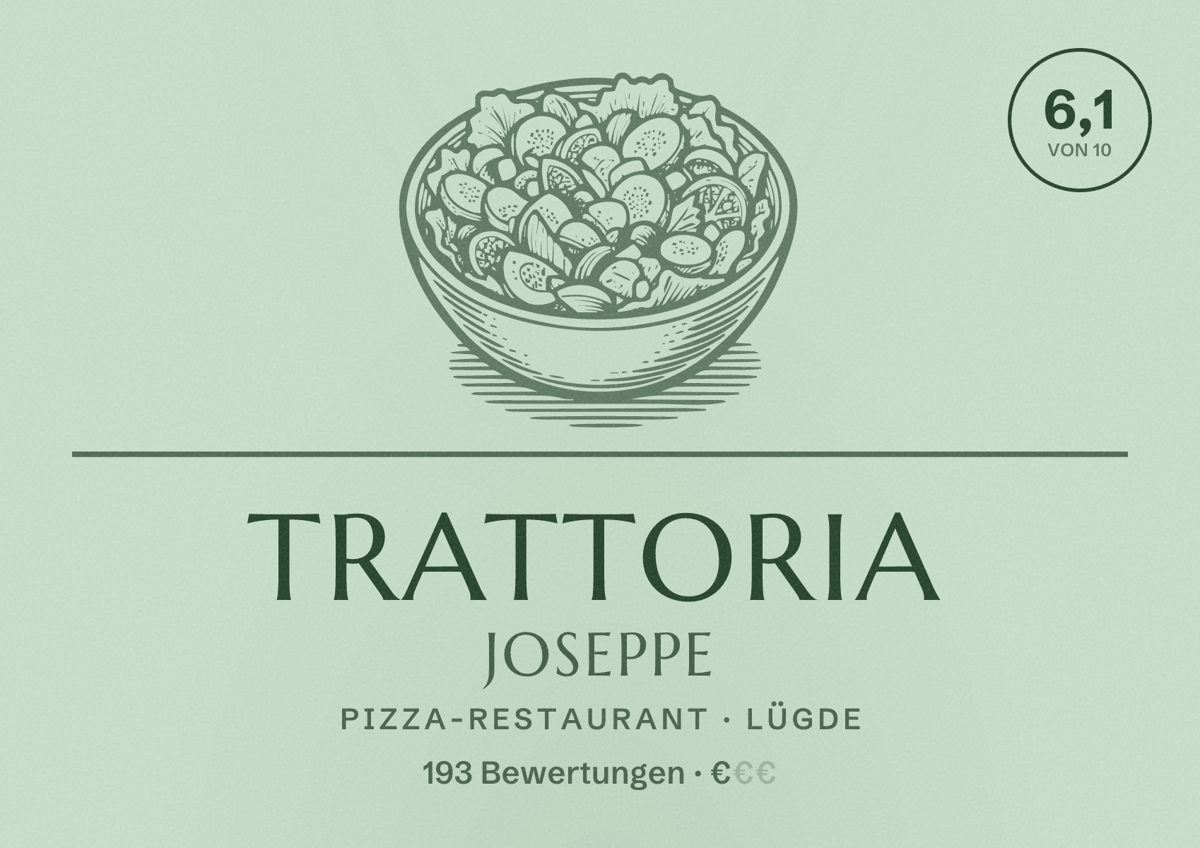Illustriertes Poster von Trattoria Joseppe, Pizza-Restaurant in Lügde: Bewertung 6,1 von 10 aus 193 Bewertungen, Preisniveau €