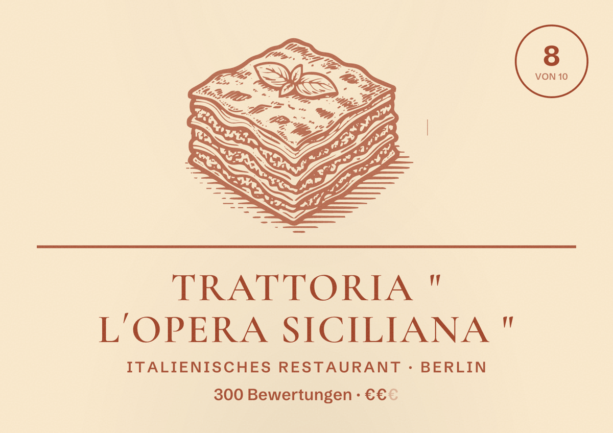 Illustriertes Poster von Trattoria " L´Opera Siciliana ", Italienisches Restaurant in Berlin: Bewertung 8,0 von 10 aus 300 Bewertungen, Preisniveau €€