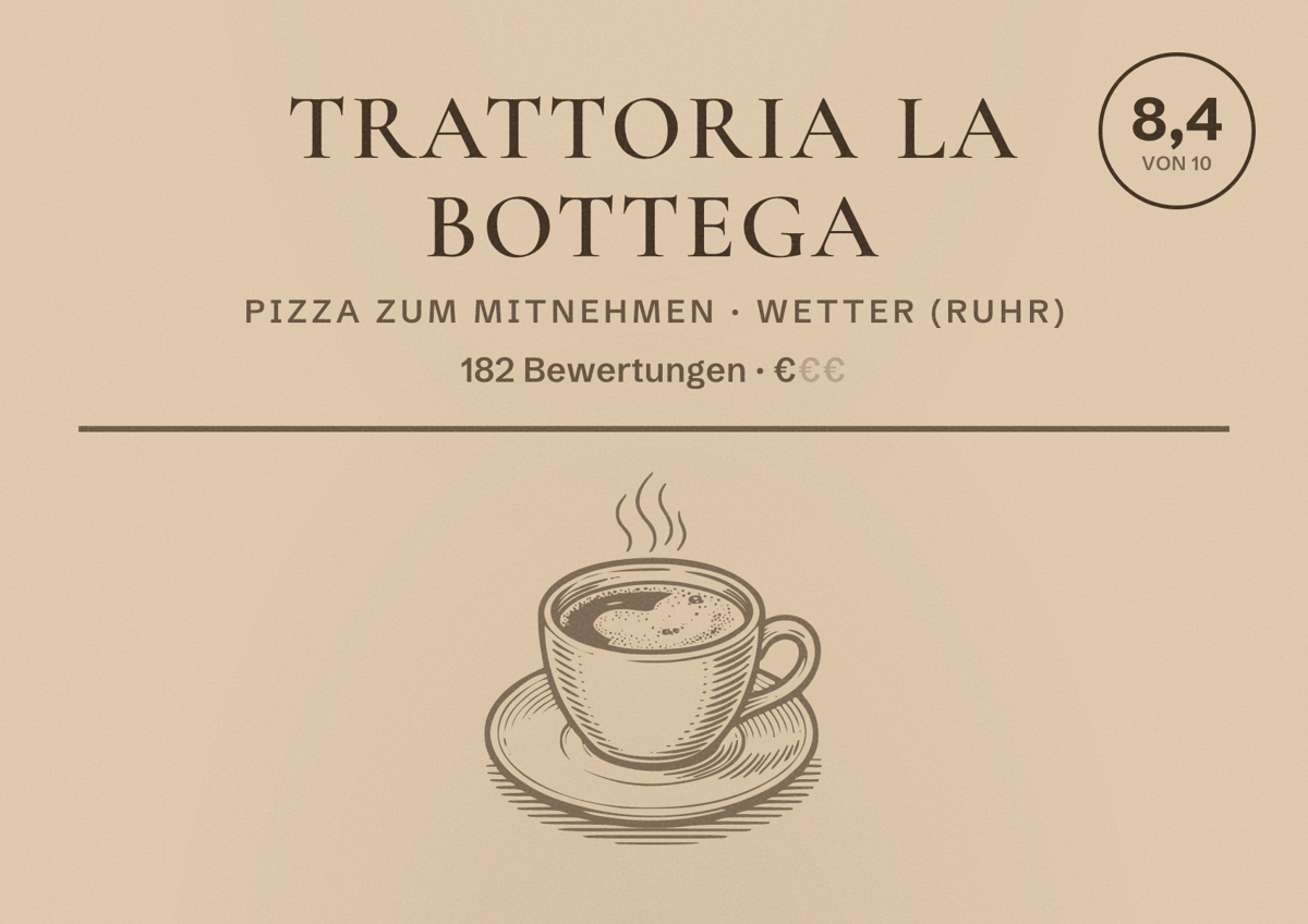 Illustriertes Poster von Trattoria la bottega, Pizza zum Mitnehmen in Wetter (Ruhr): Bewertung 8,4 von 10 aus 182 Bewertungen, Preisniveau €