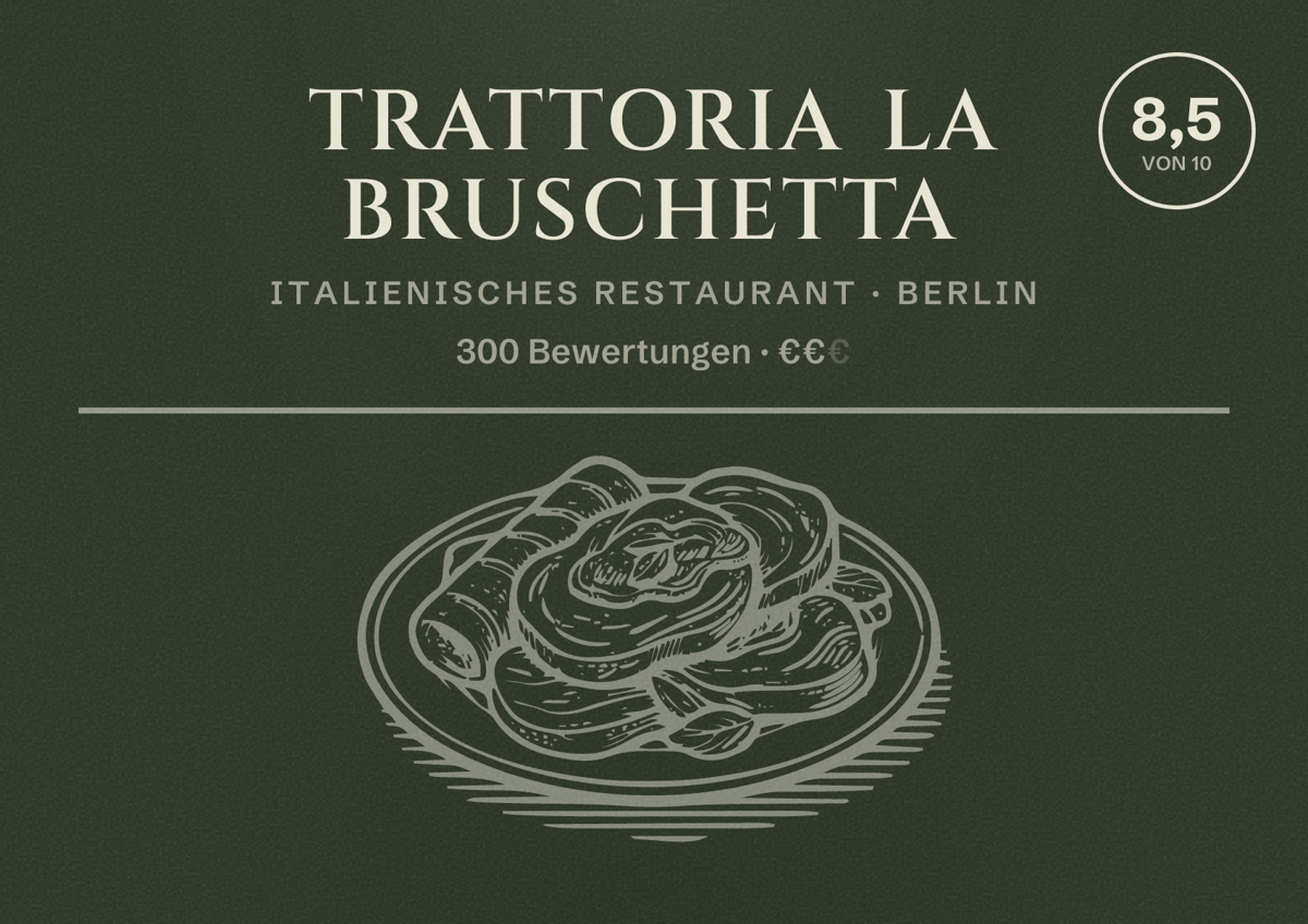 Illustriertes Poster von Trattoria La Bruschetta, Italienisches Restaurant in Berlin: Bewertung 8,5 von 10 aus 300 Bewertungen, Preisniveau €€