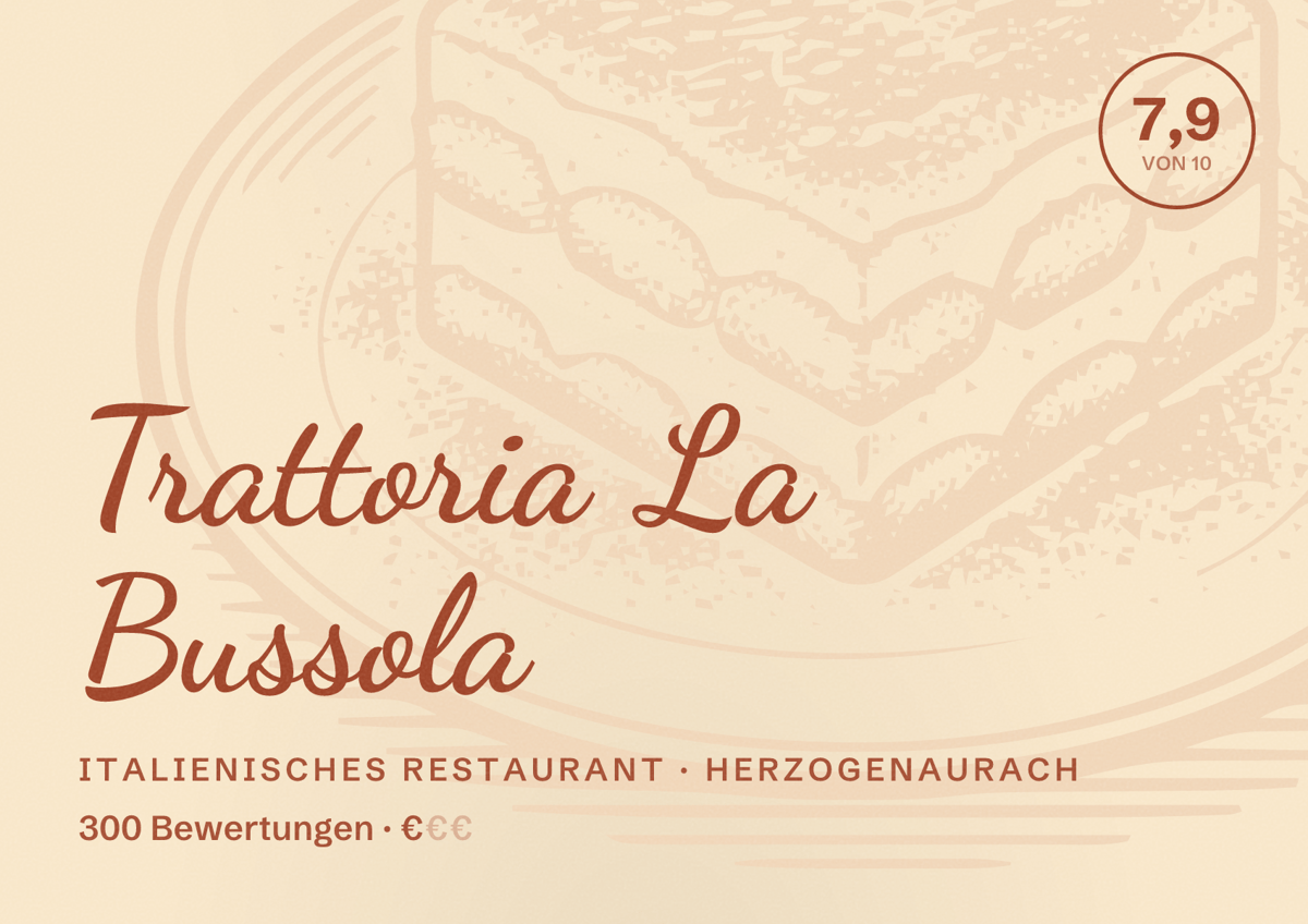 Illustriertes Poster von Trattoria La Bussola, Italienisches Restaurant in Herzogenaurach: Bewertung 7,9 von 10 aus 300 Bewertungen, Preisniveau €