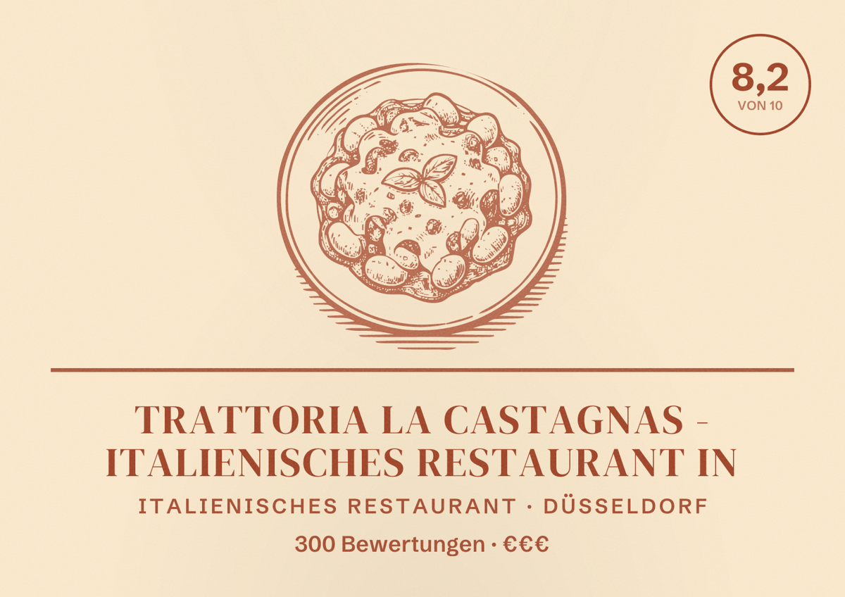 Illustriertes Poster von Trattoria La Castagnas - Italienisches Restaurant in, Italienisches Restaurant in Düsseldorf: Bewertung 8,2 von 10 aus 300 Bewertungen, Preisniveau €€€