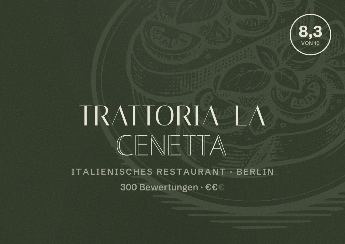 Illustriertes Poster von Trattoria La Cenetta, Italienisches Restaurant in Berlin: Bewertung 8,3 von 10 aus 300 Bewertungen, Preisniveau €€