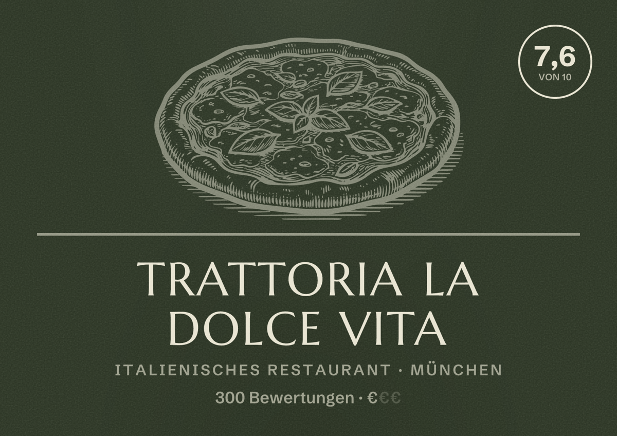 Illustriertes Poster von Trattoria La Dolce Vita, Italienisches Restaurant in München: Bewertung 7,6 von 10 aus 300 Bewertungen, Preisniveau €