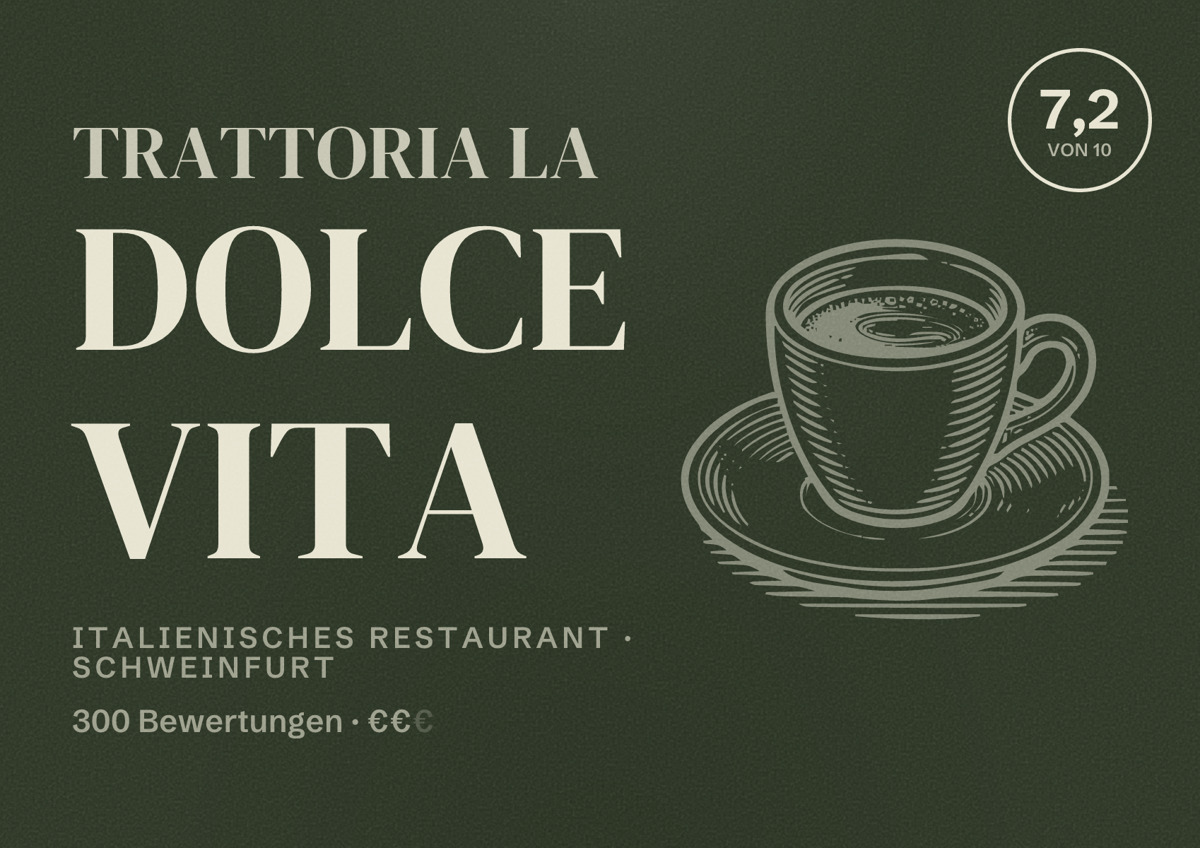 Illustriertes Poster von Trattoria La Dolce Vita, Italienisches Restaurant in Schweinfurt: Bewertung 7,2 von 10 aus 300 Bewertungen, Preisniveau €€