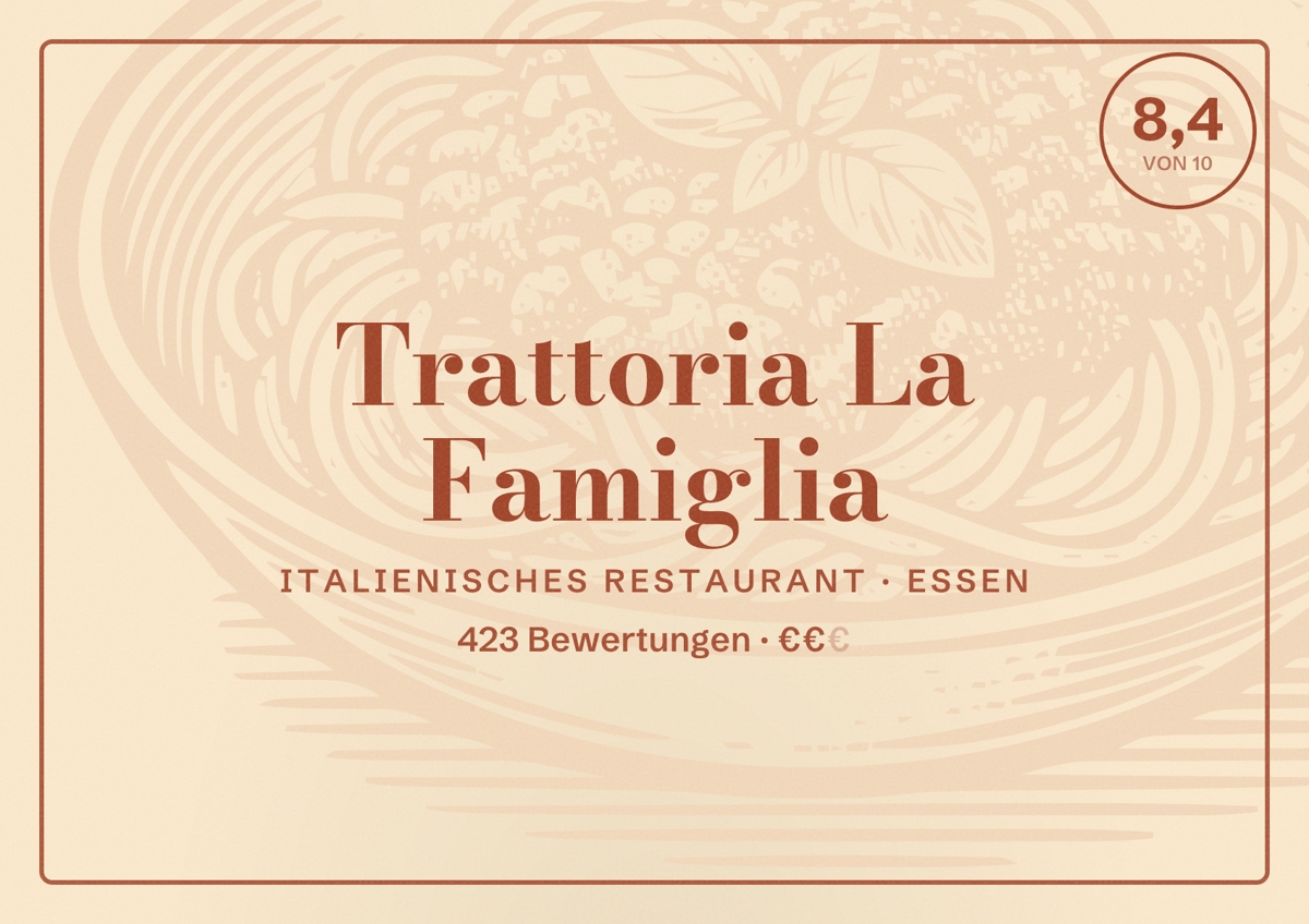 Illustriertes Poster von Trattoria La Famiglia, Italienisches Restaurant in Essen: Bewertung 8,4 von 10 aus 423 Bewertungen, Preisniveau €€