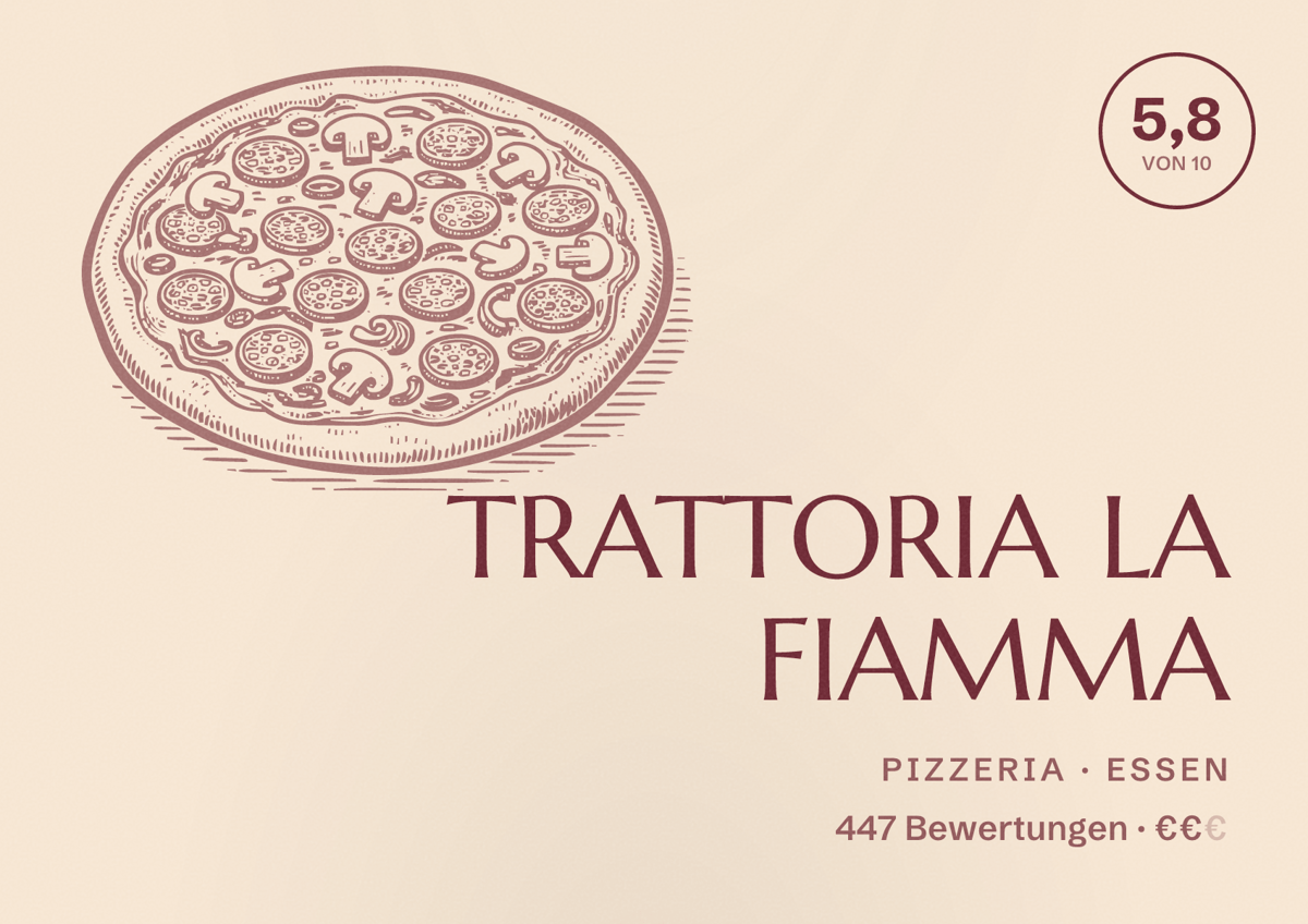Illustriertes Poster von TRATTORIA LA FIAMMA, Pizzeria in Essen: Bewertung 5,8 von 10 aus 447 Bewertungen, Preisniveau €€