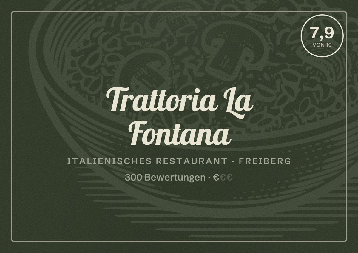 Illustriertes Poster von Trattoria La Fontana, Italienisches Restaurant in Freiberg: Bewertung 7,9 von 10 aus 300 Bewertungen, Preisniveau €