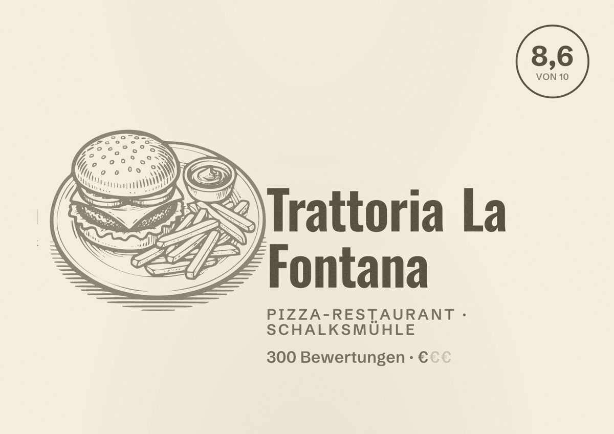 Illustriertes Poster von Trattoria La Fontana, Pizza-Restaurant in Schalksmühle: Bewertung 8,6 von 10 aus 300 Bewertungen, Preisniveau €