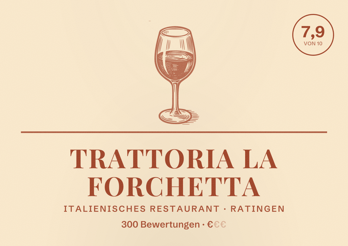 Illustriertes Poster von Trattoria La Forchetta, Italienisches Restaurant in Ratingen: Bewertung 7,9 von 10 aus 300 Bewertungen, Preisniveau €