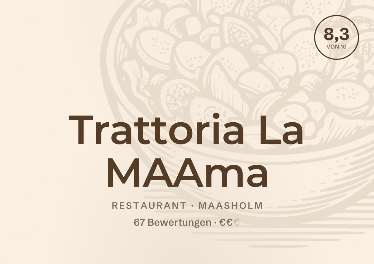 Illustriertes Poster von Trattoria La MAAma, Restaurant in Maasholm: Bewertung 8,3 von 10 aus 67 Bewertungen, Preisniveau €€