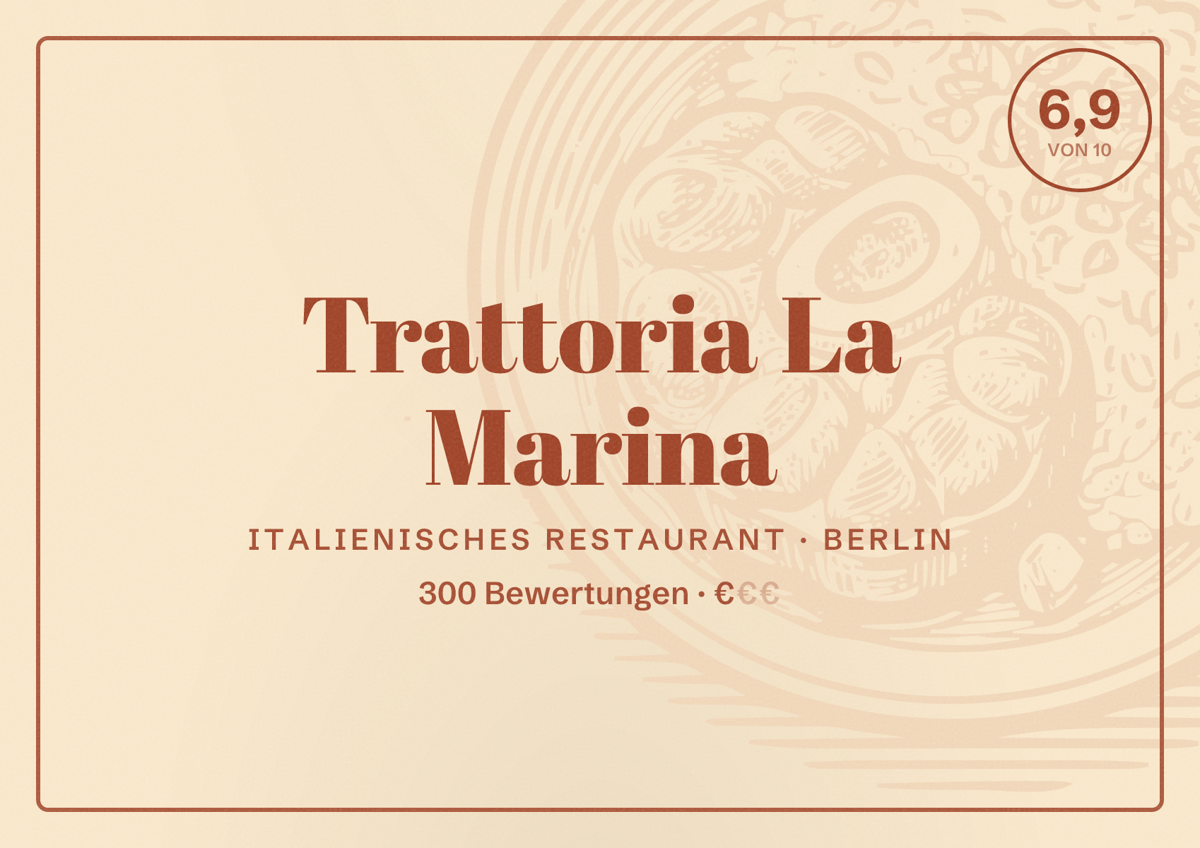 Illustriertes Poster von Trattoria La Marina, Italienisches Restaurant in Berlin: Bewertung 6,9 von 10 aus 300 Bewertungen, Preisniveau €