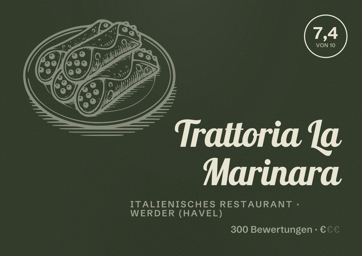 Illustriertes Poster von Trattoria La Marinara, Italienisches Restaurant in Werder (Havel): Bewertung 7,4 von 10 aus 300 Bewertungen, Preisniveau €