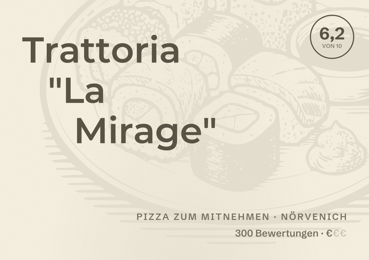 Illustriertes Poster von Trattoria "La Mirage", Pizza zum Mitnehmen in Nörvenich: Bewertung 6,2 von 10 aus 300 Bewertungen, Preisniveau €
