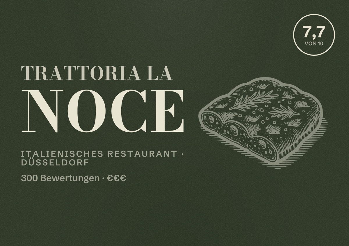 Illustriertes Poster von Trattoria La Noce, Italienisches Restaurant in Düsseldorf: Bewertung 7,7 von 10 aus 300 Bewertungen, Preisniveau €€€