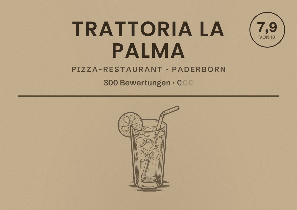 Illustriertes Poster von Trattoria La Palma, Pizza-Restaurant in Paderborn: Bewertung 7,9 von 10 aus 300 Bewertungen, Preisniveau €
