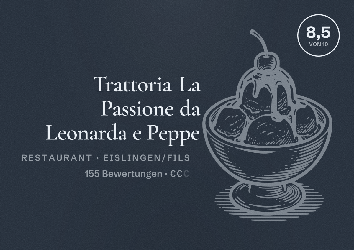 Illustriertes Poster von Trattoria La Passione da Leonarda e Peppe, Restaurant in Eislingen/Fils: Bewertung 8,5 von 10 aus 155 Bewertungen, Preisniveau €€