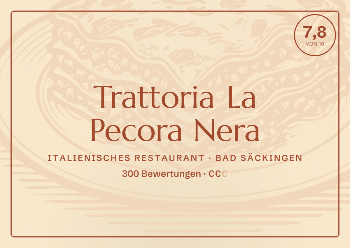 Illustriertes Poster von Trattoria La Pecora Nera, Italienisches Restaurant in Bad Säckingen: Bewertung 7,8 von 10 aus 300 Bewertungen, Preisniveau €€