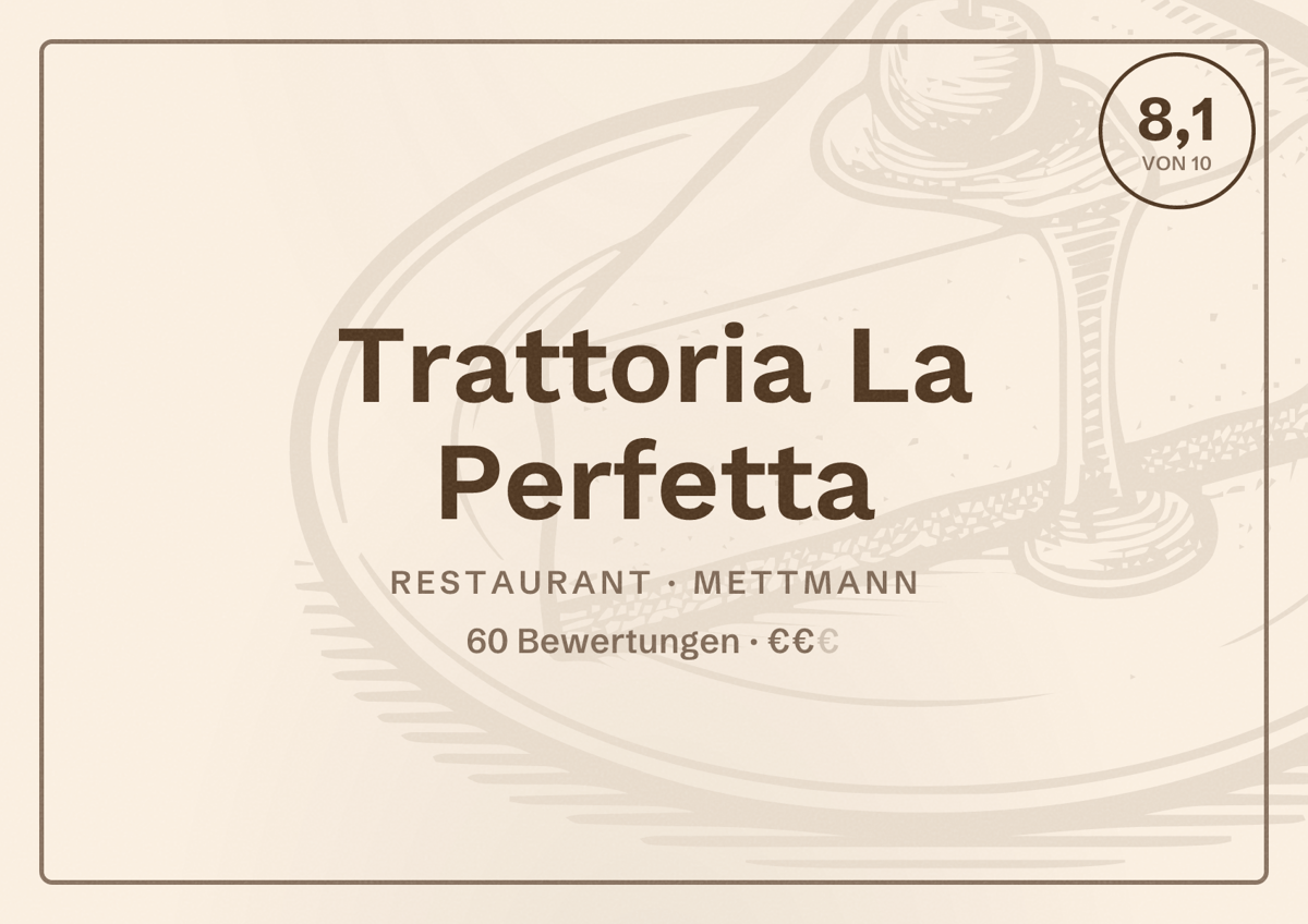 Illustriertes Poster von Trattoria La Perfetta, Restaurant in Mettmann: Bewertung 8,1 von 10 aus 60 Bewertungen, Preisniveau €€