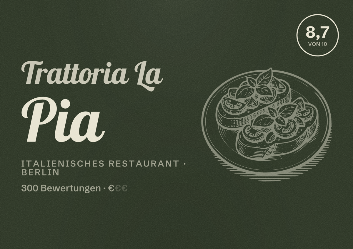 Illustriertes Poster von Trattoria La Pia, Italienisches Restaurant in Berlin: Bewertung 8,7 von 10 aus 300 Bewertungen, Preisniveau €