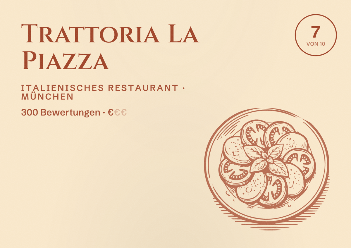 Illustriertes Poster von Trattoria La Piazza, Italienisches Restaurant in München: Bewertung 7,0 von 10 aus 300 Bewertungen, Preisniveau €