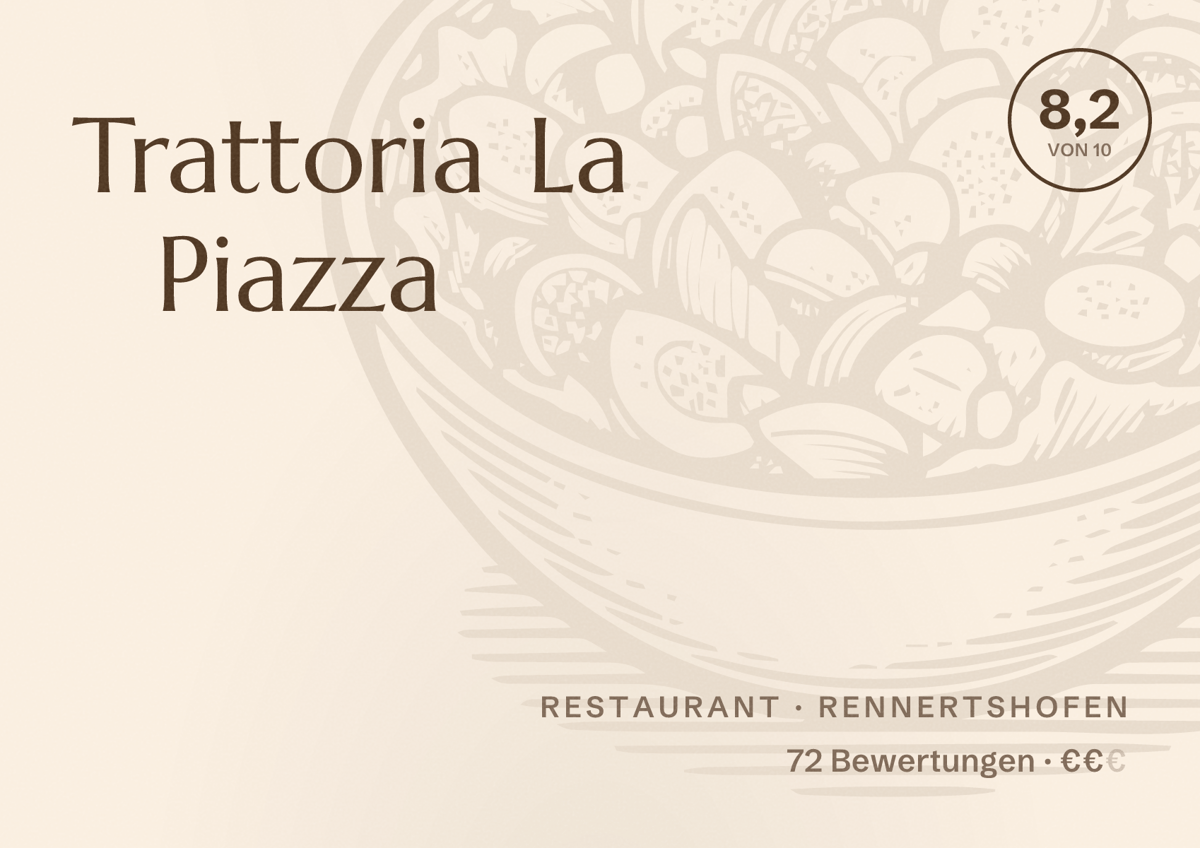 Illustriertes Poster von Trattoria La Piazza, Restaurant in Rennertshofen: Bewertung 8,2 von 10 aus 72 Bewertungen, Preisniveau €€
