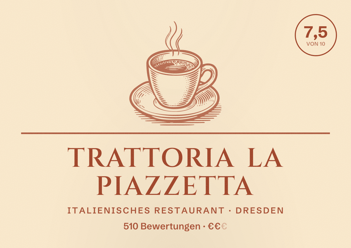 Illustriertes Poster von Trattoria La Piazzetta, Italienisches Restaurant in Dresden: Bewertung 7,5 von 10 aus 510 Bewertungen, Preisniveau €€