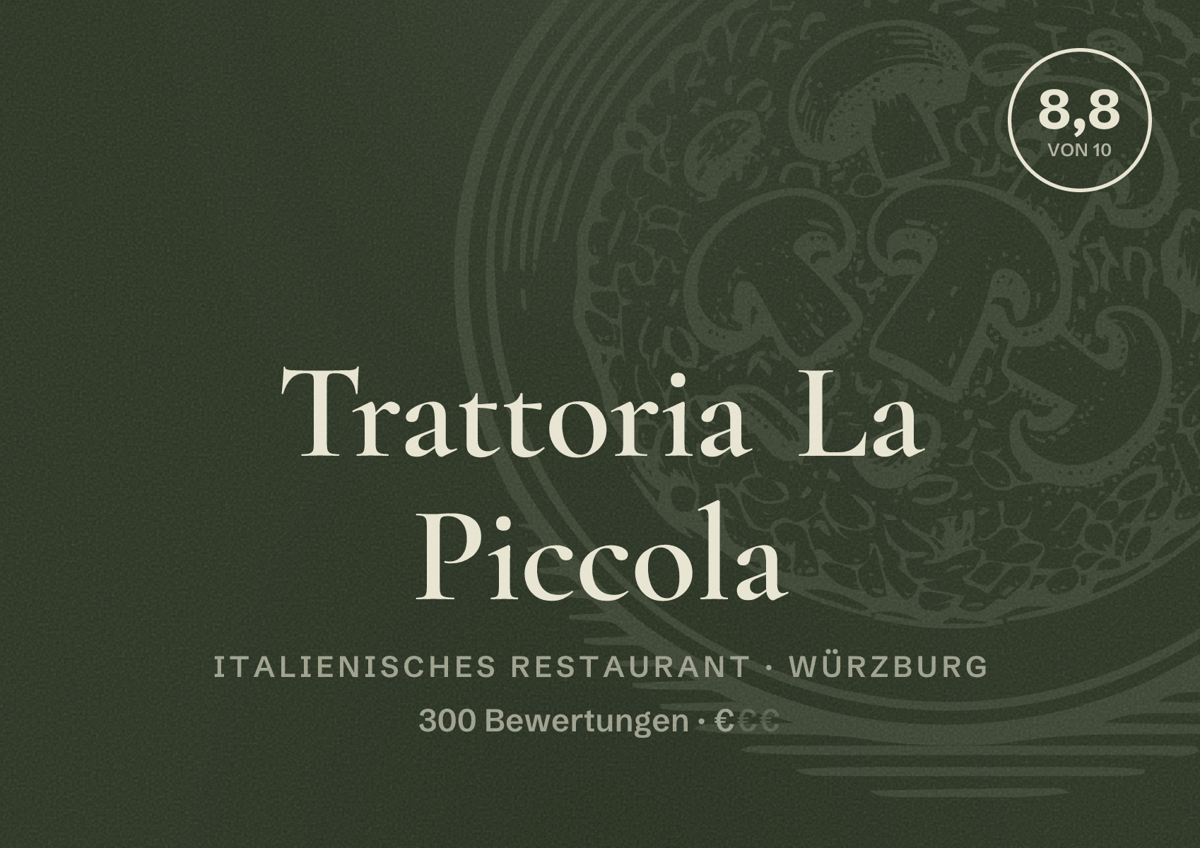 Illustriertes Poster von Trattoria La Piccola, Italienisches Restaurant in Würzburg: Bewertung 8,8 von 10 aus 300 Bewertungen, Preisniveau €