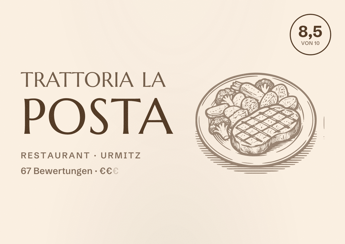 Illustriertes Poster von Trattoria La Posta, Restaurant in Urmitz: Bewertung 8,5 von 10 aus 67 Bewertungen, Preisniveau €€