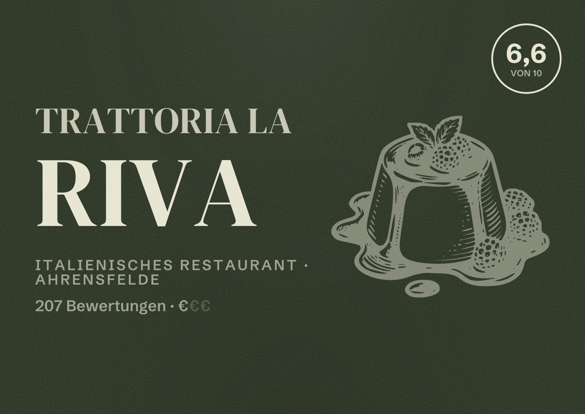 Illustriertes Poster von Trattoria La Riva, Italienisches Restaurant in Ahrensfelde: Bewertung 6,6 von 10 aus 207 Bewertungen, Preisniveau €