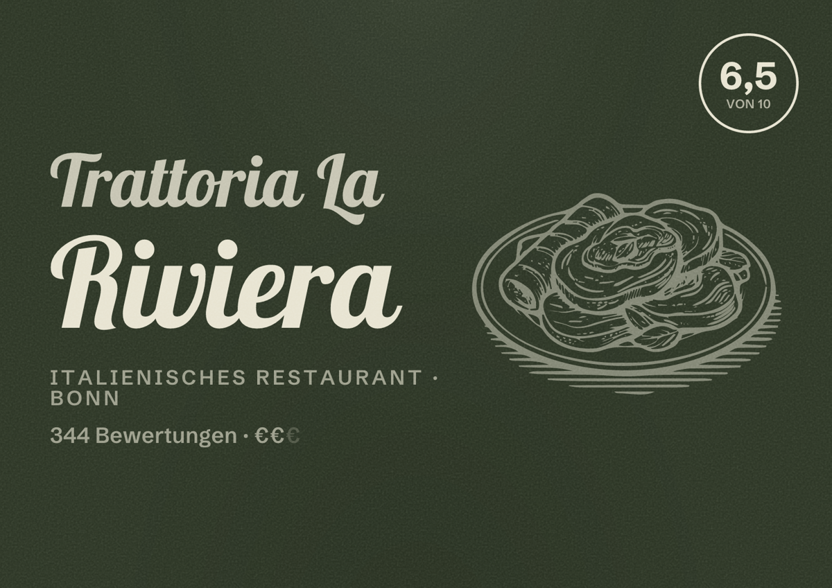 Illustriertes Poster von Trattoria La Riviera, Italienisches Restaurant in Bonn: Bewertung 6,5 von 10 aus 344 Bewertungen, Preisniveau €€