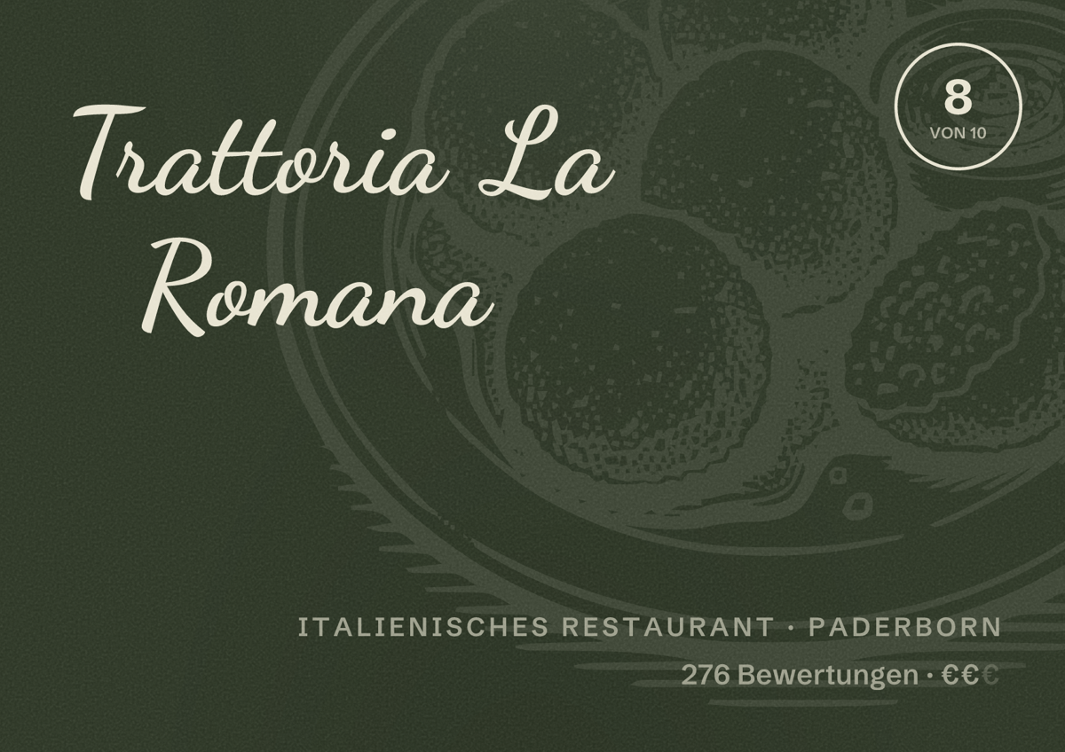 Illustriertes Poster von Trattoria La Romana, Italienisches Restaurant in Paderborn: Gästebewertung 8,0 von 10 aus 276 Bewertungen