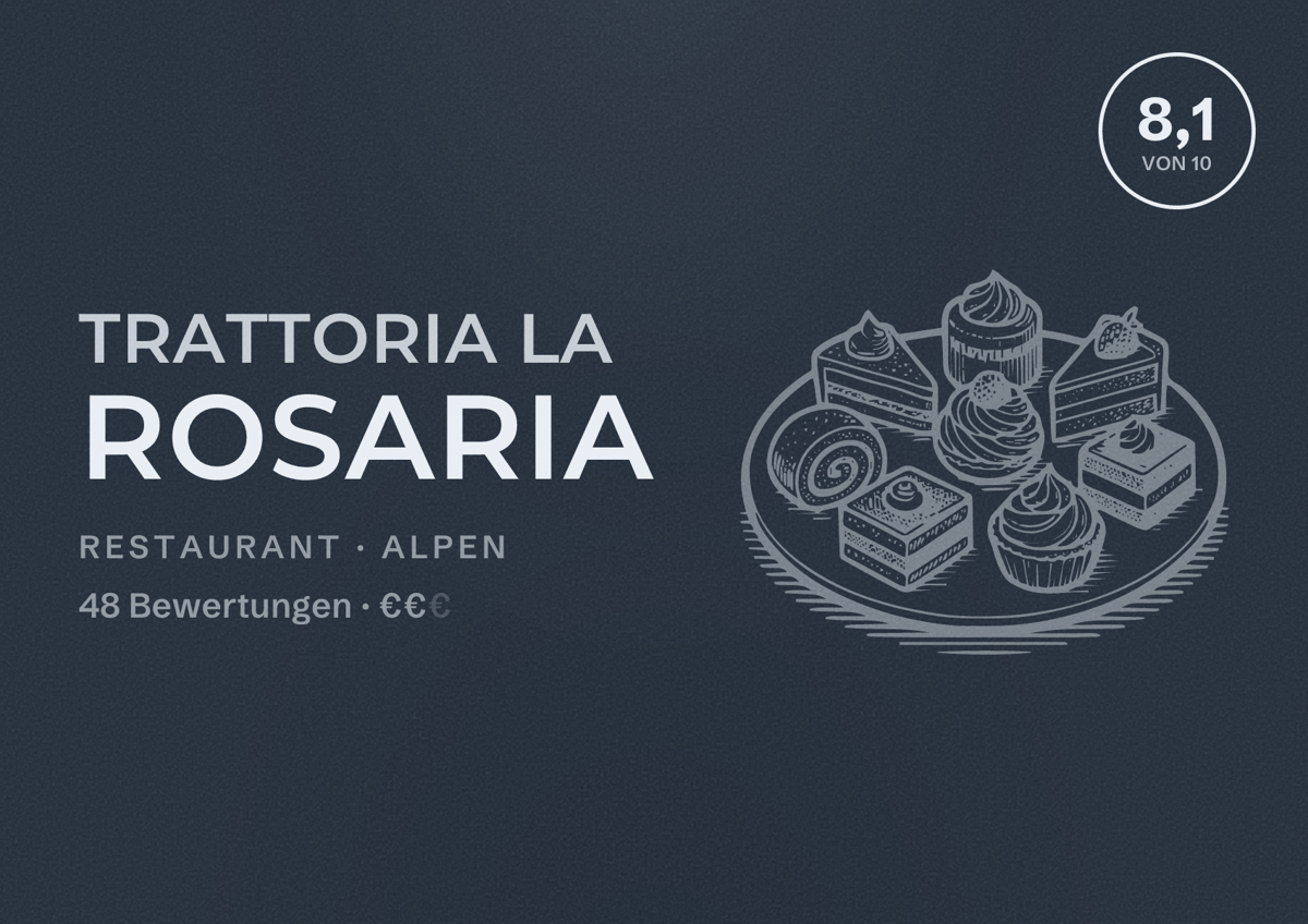 Illustriertes Poster von Trattoria la rosaria, Restaurant in Alpen: Bewertung 8,1 von 10 aus 48 Bewertungen, Preisniveau €€