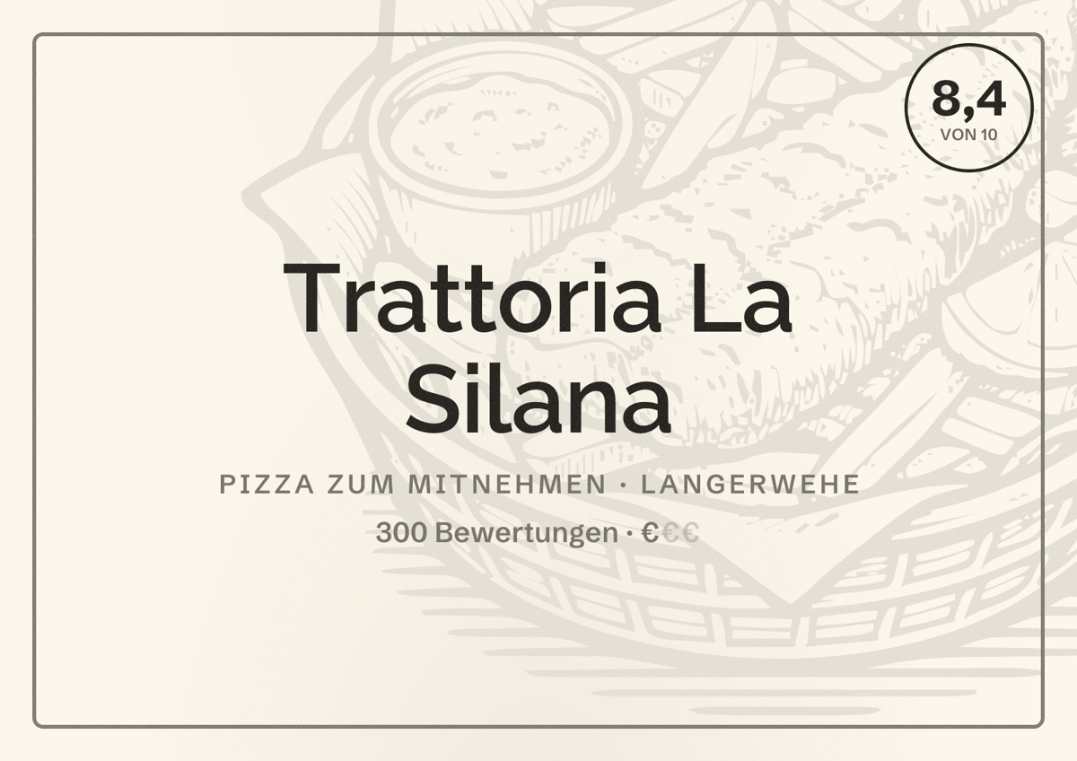 Illustriertes Poster von Trattoria La Silana, Pizza zum Mitnehmen in Langerwehe: Bewertung 8,4 von 10 aus 300 Bewertungen, Preisniveau €
