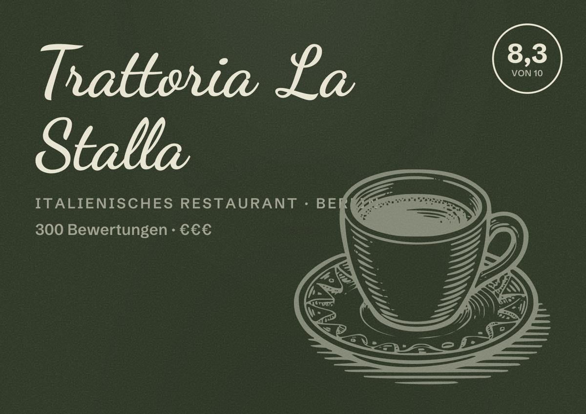 Illustriertes Poster von Trattoria La Stalla, Italienisches Restaurant in Berlin: Bewertung 8,3 von 10 aus 300 Bewertungen, Preisniveau €€€
