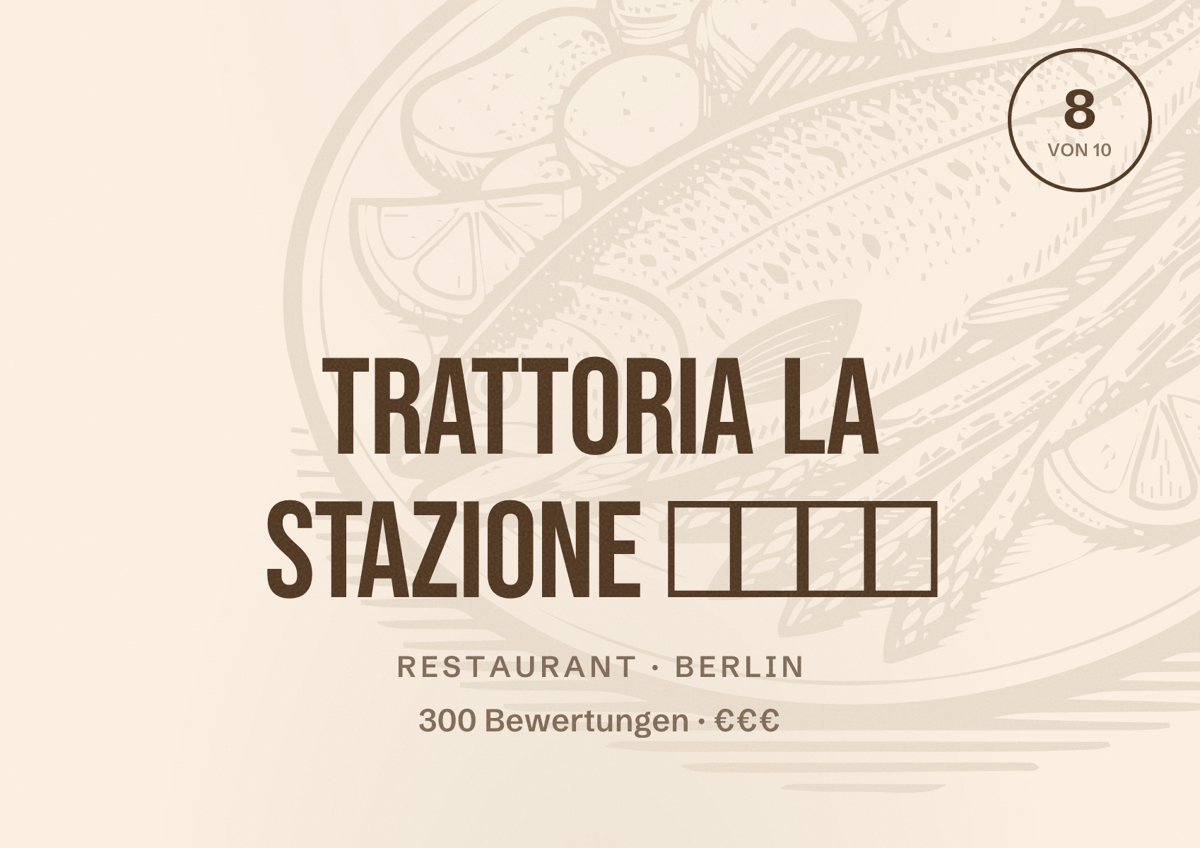 Illustriertes Poster von Trattoria La Stazione 🇮🇹⭐️, Restaurant in Berlin: Bewertung 8,0 von 10 aus 300 Bewertungen, Preisniveau €€€