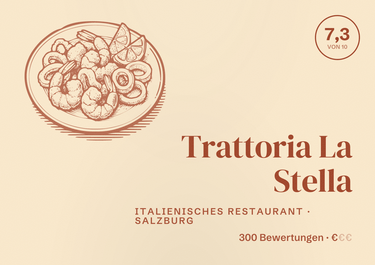 Illustriertes Poster von Trattoria La Stella, Italienisches Restaurant in Salzburg: Bewertung 7,3 von 10 aus 300 Bewertungen, Preisniveau €