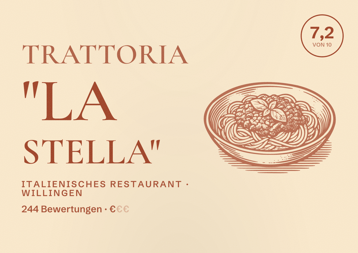Illustriertes Poster von Trattoria "La Stella", Italienisches Restaurant in Willingen: Bewertung 7,2 von 10 aus 244 Bewertungen, Preisniveau €